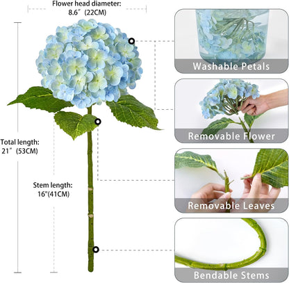 3 PCS Light Green Artificial Hydrangea Silk Flowers 21" with Stems | Real Touch Latex Petals, Faux Hydrangea Silk Flowers for Home Decor, Outdoor Wedding Party Arrangement, Table Centerpieces