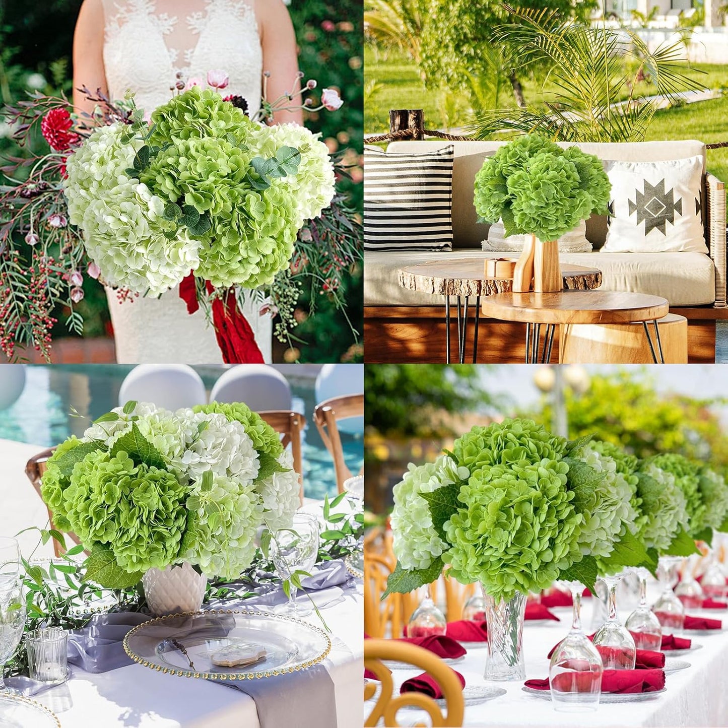 3 PCS Light Green Artificial Hydrangea Silk Flowers 21" with Stems | Real Touch Latex Petals, Faux Hydrangea Silk Flowers for Home Decor, Outdoor Wedding Party Arrangement, Table Centerpieces