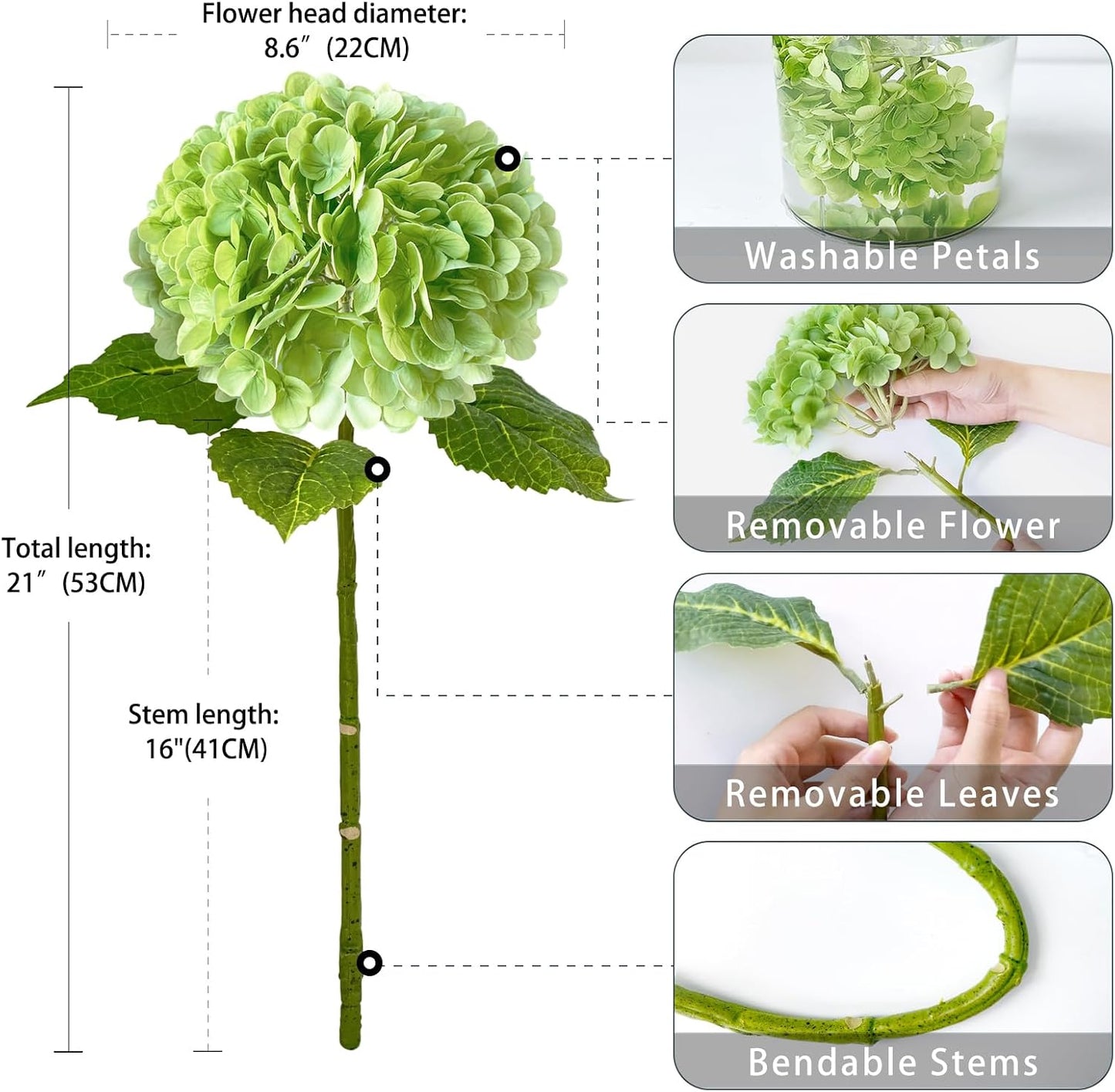 3 PCS Light Green Artificial Hydrangea Silk Flowers 21" with Stems | Real Touch Latex Petals, Faux Hydrangea Silk Flowers for Home Decor, Outdoor Wedding Party Arrangement, Table Centerpieces