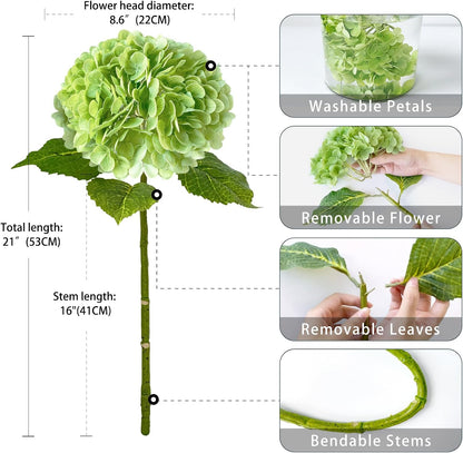 3 PCS Light Green Artificial Hydrangea Silk Flowers 21" with Stems | Real Touch Latex Petals, Faux Hydrangea Silk Flowers for Home Decor, Outdoor Wedding Party Arrangement, Table Centerpieces