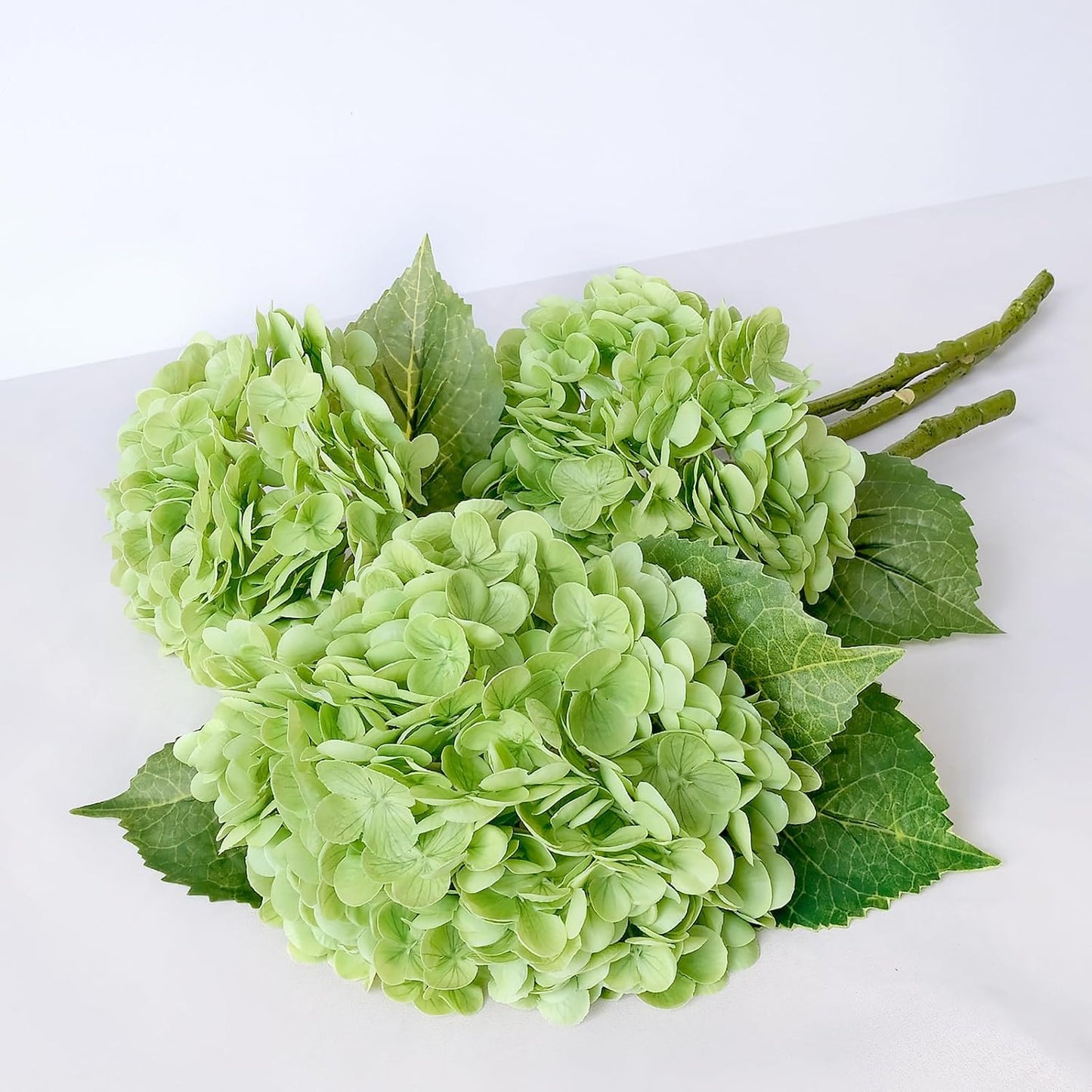 3 PCS Light Green Artificial Hydrangea Silk Flowers 21" with Stems | Real Touch Latex Petals, Faux Hydrangea Silk Flowers for Home Decor, Outdoor Wedding Party Arrangement, Table Centerpieces