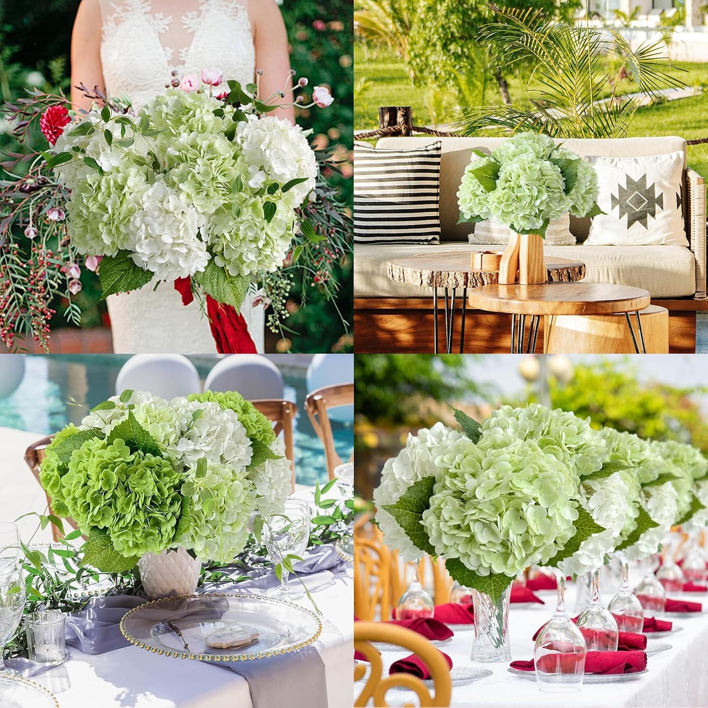 3 PCS Light Green Artificial Hydrangea Silk Flowers 21" with Stems | Real Touch Latex Petals, Faux Hydrangea Silk Flowers for Home Decor, Outdoor Wedding Party Arrangement, Table Centerpieces