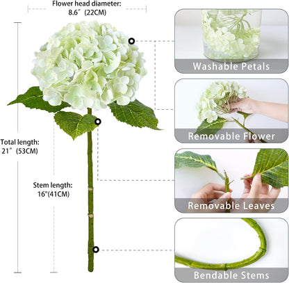 3 PCS Light Green Artificial Hydrangea Silk Flowers 21" with Stems | Real Touch Latex Petals, Faux Hydrangea Silk Flowers for Home Decor, Outdoor Wedding Party Arrangement, Table Centerpieces