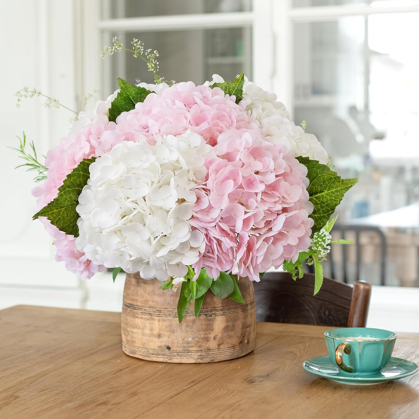 3 PCS Light Green Artificial Hydrangea Silk Flowers 21" with Stems | Real Touch Latex Petals, Faux Hydrangea Silk Flowers for Home Decor, Outdoor Wedding Party Arrangement, Table Centerpieces