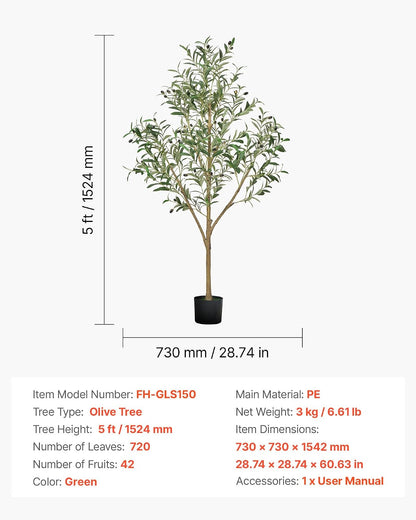 Artificial Olive Tree, 5 FT Tall Faux Plant, Secure PE Material & Anti-Tip Tilt Protection Low-Maintenance Plant, Lifelike Green Fake Potted Tree for Home Office Warehouse Decor Indoor Outdoor