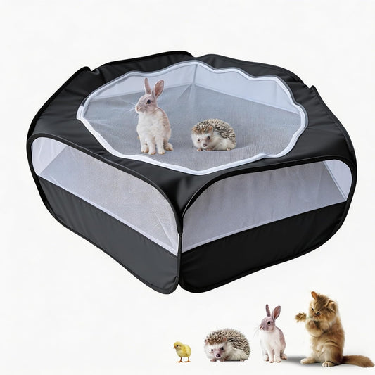 Small Animal Playpen with Zippered Mesh Cover - Portable Foldable Chicken Brooder Box, Indoor Outdoor Enclosure for Guinea Pigs, Bunny, Rabbits, Ferrets, Chinchillas, Kittens (Black)