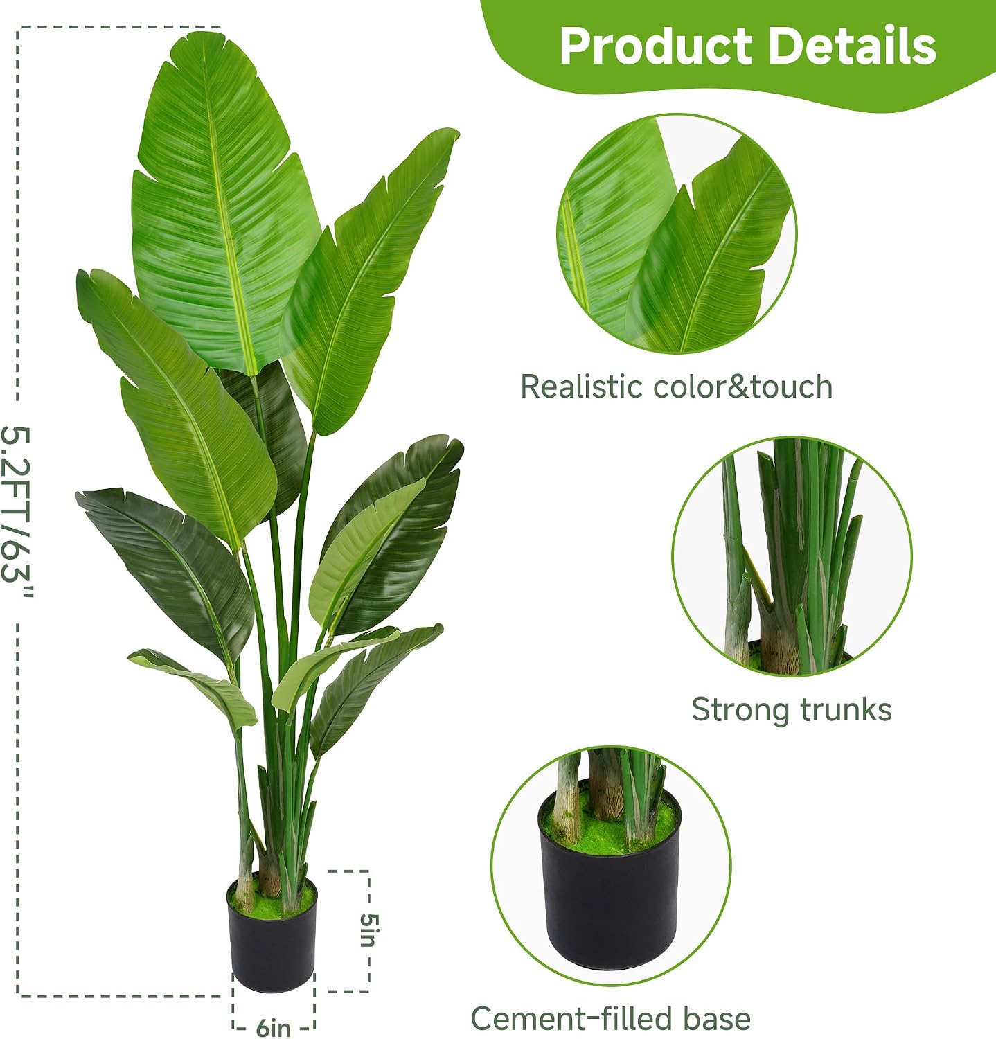 Artificial Bird of Paradise Plant 5.2FT Set of 2, Large Faux Palm Tree with Lifelike Banana Leaves, Realistic Tall Potted Fake Plant for Front Porch Living Room Patio Indoor Outdoor