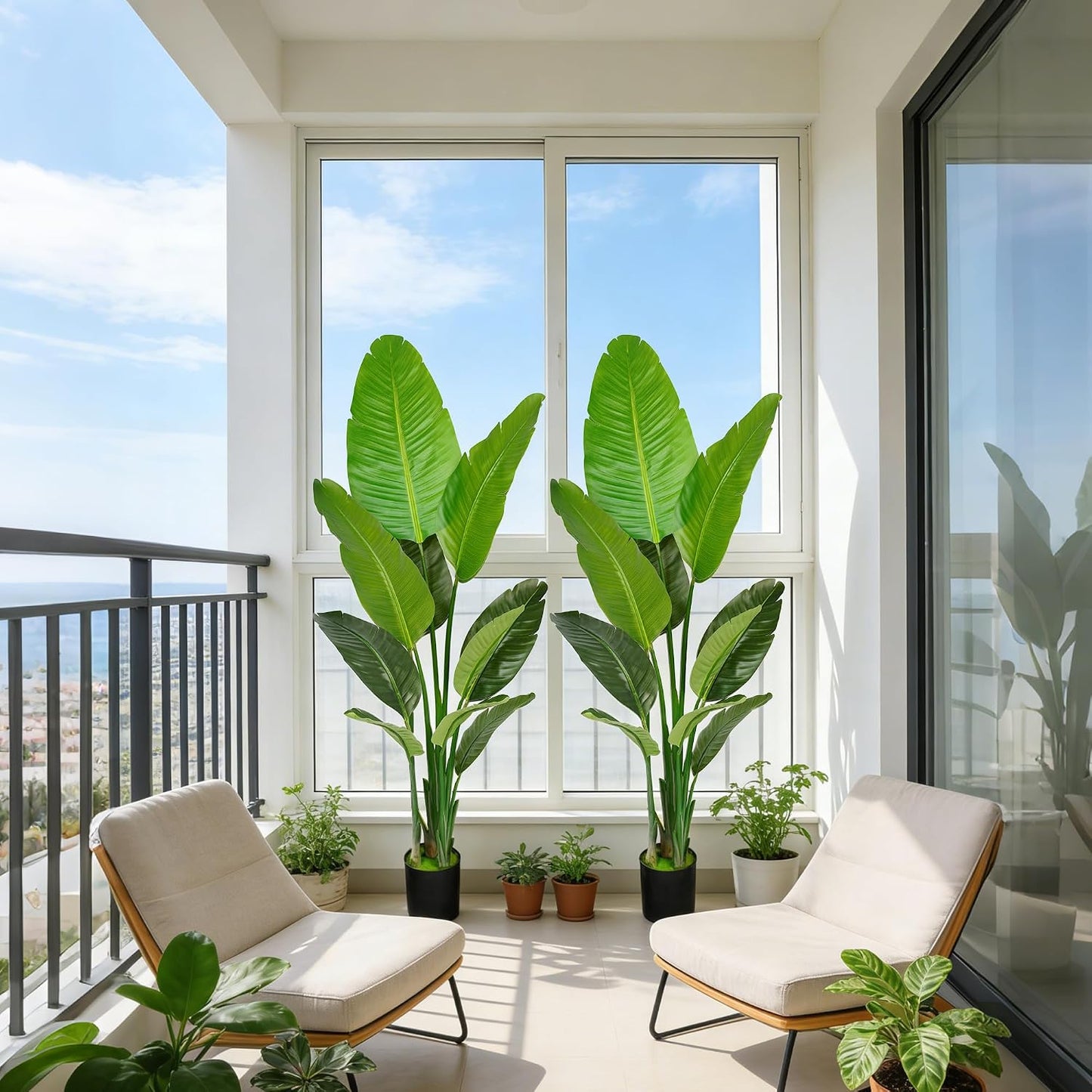 Artificial Bird of Paradise Plant 5.2FT Set of 2, Large Faux Palm Tree with Lifelike Banana Leaves, Realistic Tall Potted Fake Plant for Front Porch Living Room Patio Indoor Outdoor