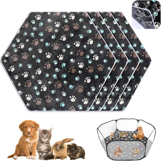 4 Pcs 47 in Guinea Pig Playpen Pad Waterproof Hexagon Mat Reusable Dog Playpen Liner for Small Animal Rabbit Cage Tent Pee Pad Washable Yard Fence(Gray Paw)