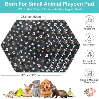 4 Pcs 47 in Guinea Pig Playpen Pad Waterproof Hexagon Mat Reusable Dog Playpen Liner for Small Animal Rabbit Cage Tent Pee Pad Washable Yard Fence(Gray Paw)