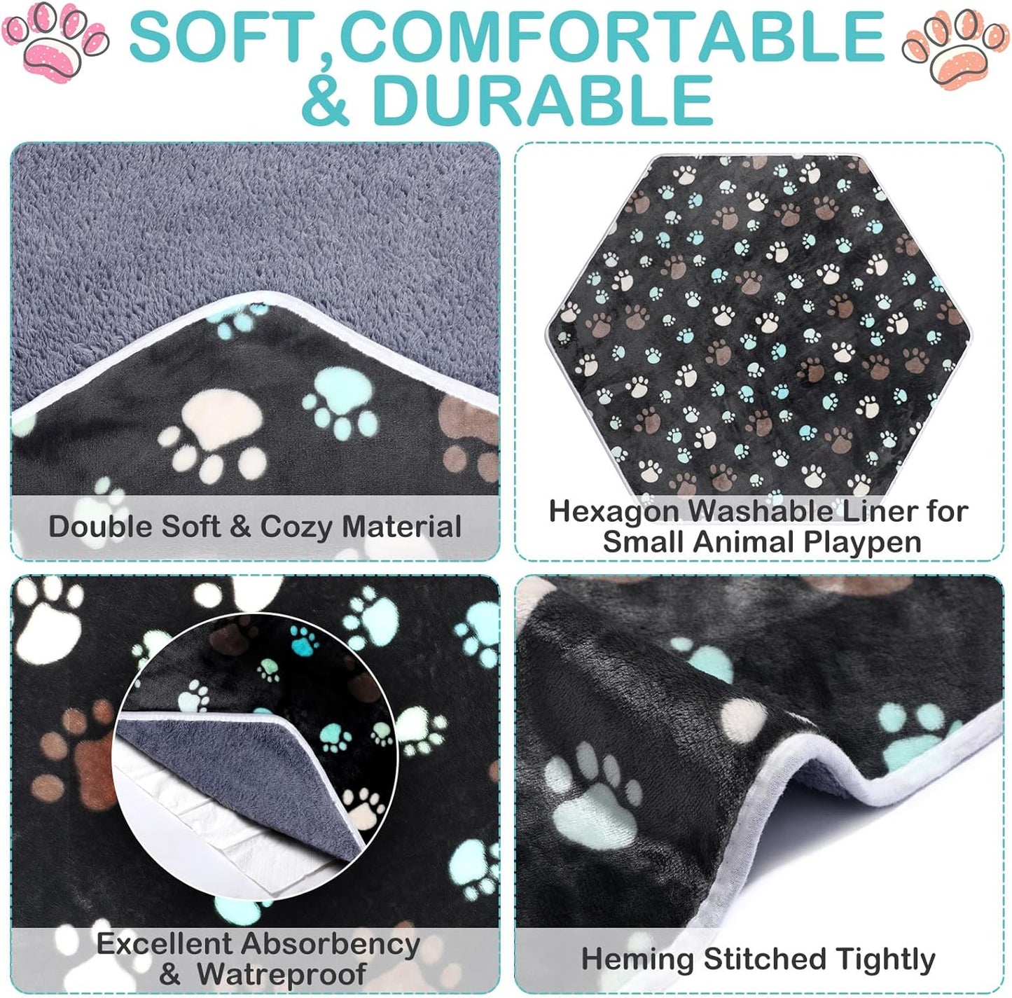 4 Pcs 47 in Guinea Pig Playpen Pad Waterproof Hexagon Mat Reusable Dog Playpen Liner for Small Animal Rabbit Cage Tent Pee Pad Washable Yard Fence(Gray Paw)