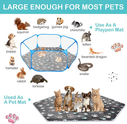 4 Pcs 47 in Guinea Pig Playpen Pad Waterproof Hexagon Mat Reusable Dog Playpen Liner for Small Animal Rabbit Cage Tent Pee Pad Washable Yard Fence(Gray Paw)