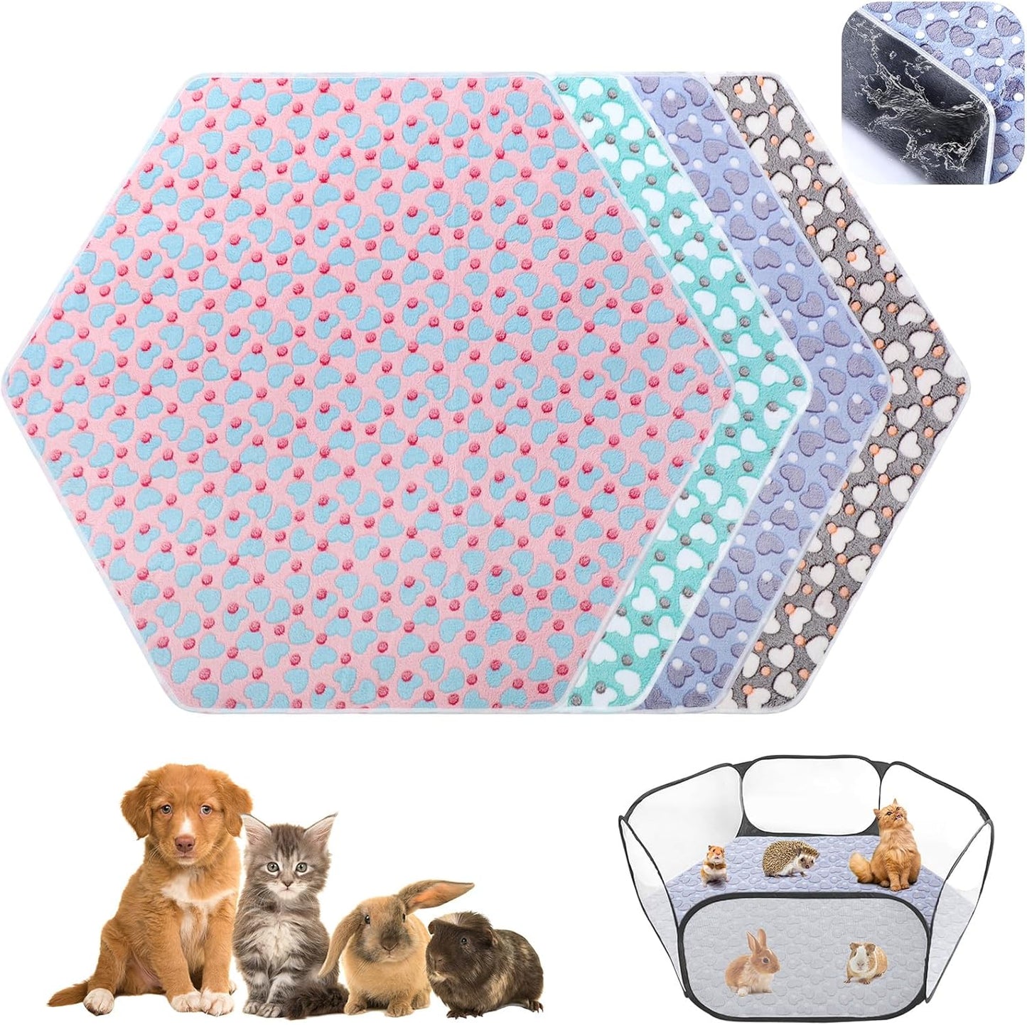 4 Pcs 47 in Guinea Pig Playpen Pad Waterproof Hexagon Mat Reusable Dog Playpen Liner for Small Animal Rabbit Cage Tent Pee Pad Washable Yard Fence(Gray Paw)