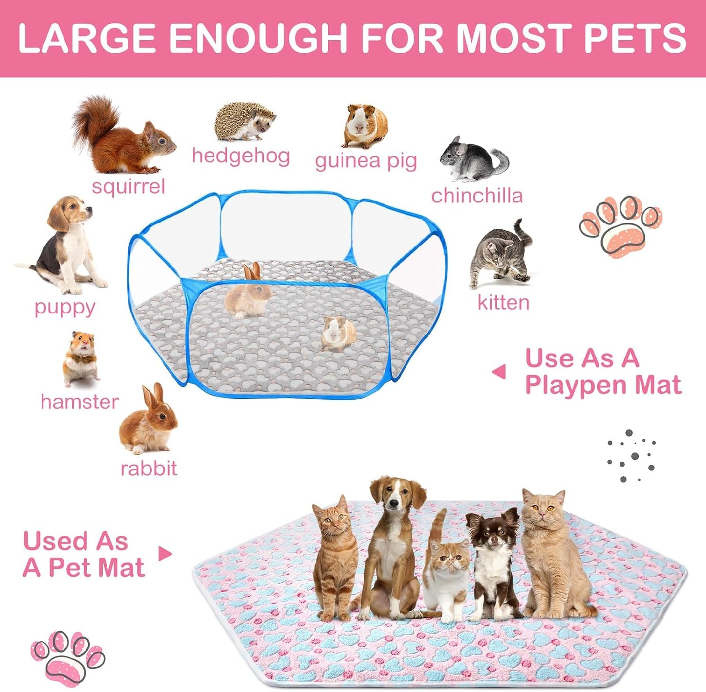 4 Pcs 47 in Guinea Pig Playpen Pad Waterproof Hexagon Mat Reusable Dog Playpen Liner for Small Animal Rabbit Cage Tent Pee Pad Washable Yard Fence(Gray Paw)