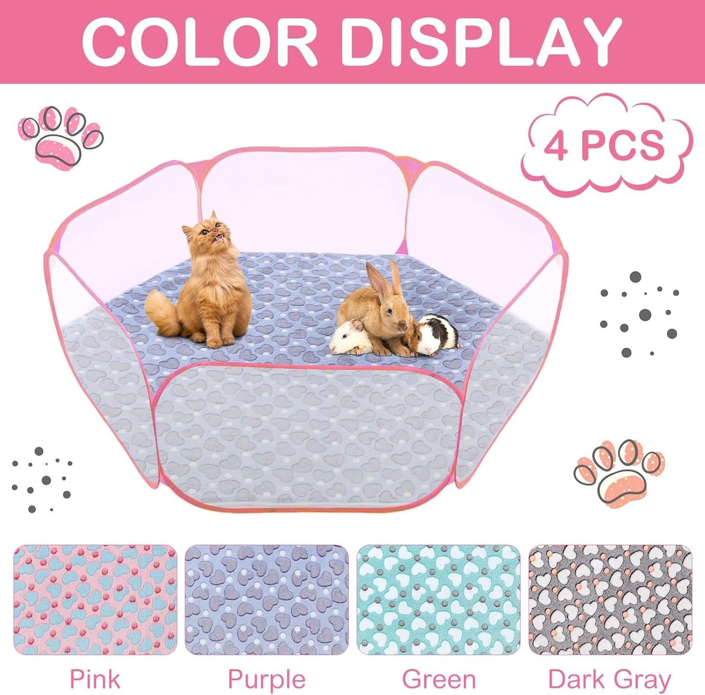 4 Pcs 47 in Guinea Pig Playpen Pad Waterproof Hexagon Mat Reusable Dog Playpen Liner for Small Animal Rabbit Cage Tent Pee Pad Washable Yard Fence(Gray Paw)