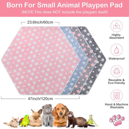 4 Pcs 47 in Guinea Pig Playpen Pad Waterproof Hexagon Mat Reusable Dog Playpen Liner for Small Animal Rabbit Cage Tent Pee Pad Washable Yard Fence(Gray Paw)