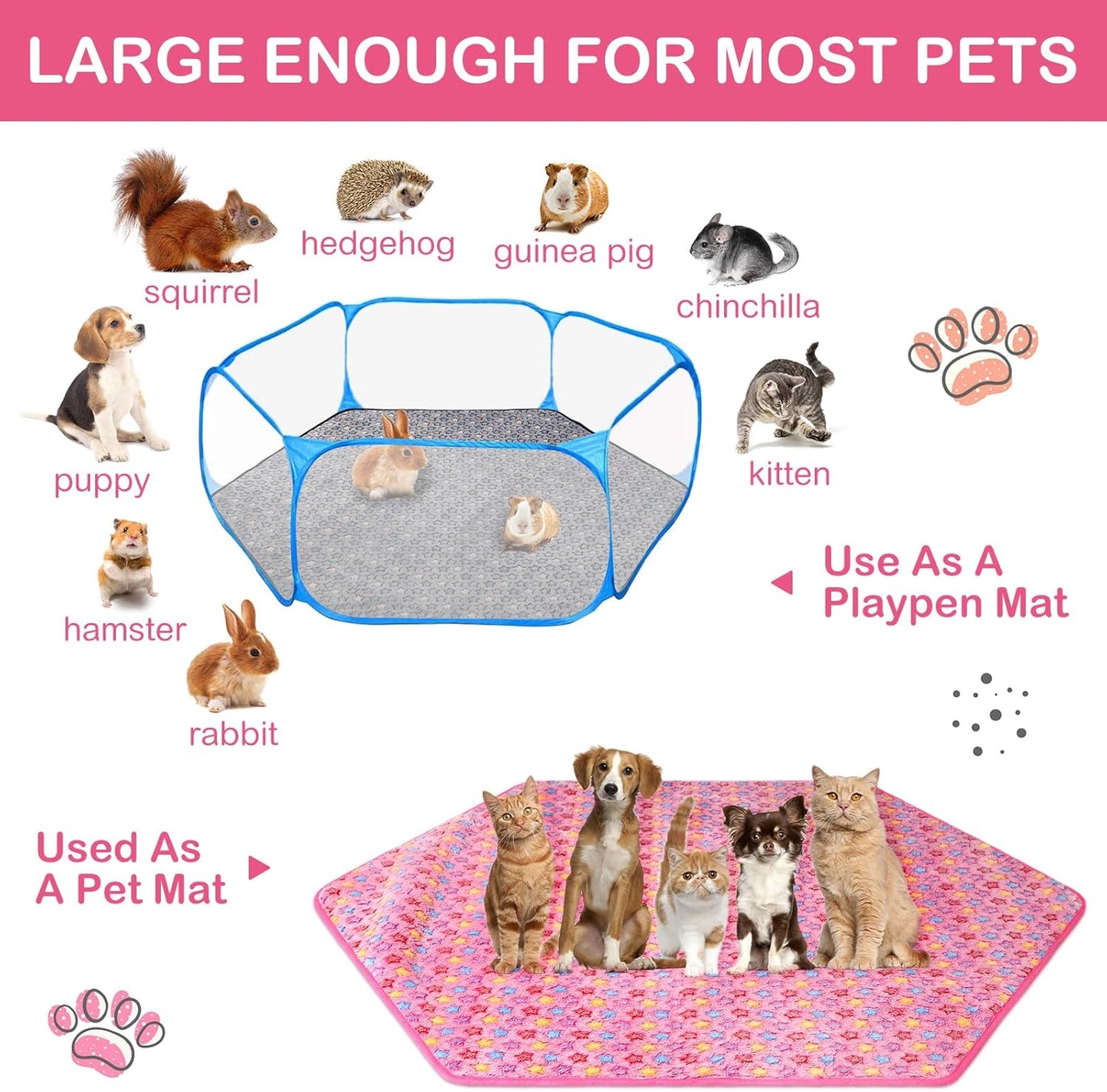 4 Pcs 47 in Guinea Pig Playpen Pad Waterproof Hexagon Mat Reusable Dog Playpen Liner for Small Animal Rabbit Cage Tent Pee Pad Washable Yard Fence(Gray Paw)