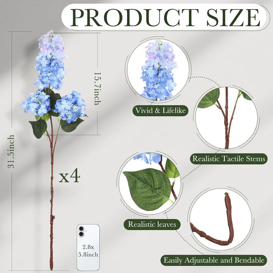 4 Pcs 31.5 Inch Artificial Lilac Flowers Bouquet 3 Head Fake Silk Long Stem Real to Touch Faux Artificial Lilac Vintage Floral for Tall Vase Centerpieces Wedding Garden Decor(Light Purple)