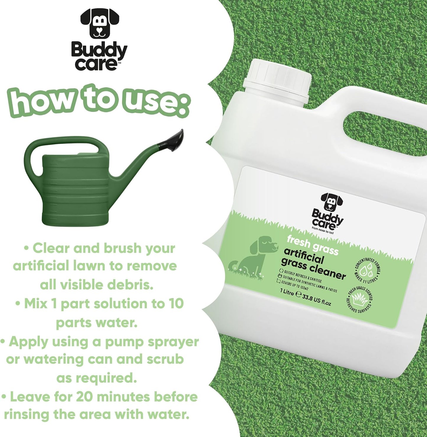 Artificial Grass Cleaner Concentrate - Fresh Grass Scent - 1L - Outdoor Surface Cleaner for Synthetic Lawns & Patios, Fast Acting Odour Remover & Sanitiser, Makes 11L, Covers up to 100m²