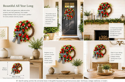 Red Geranium Wreath with Baby's Breath - Farmhouse Front Door Wreath, All Seasons Greenery Wreath for Porch, Window, Wall, Indoor/Outdoor Rustic Home Decor