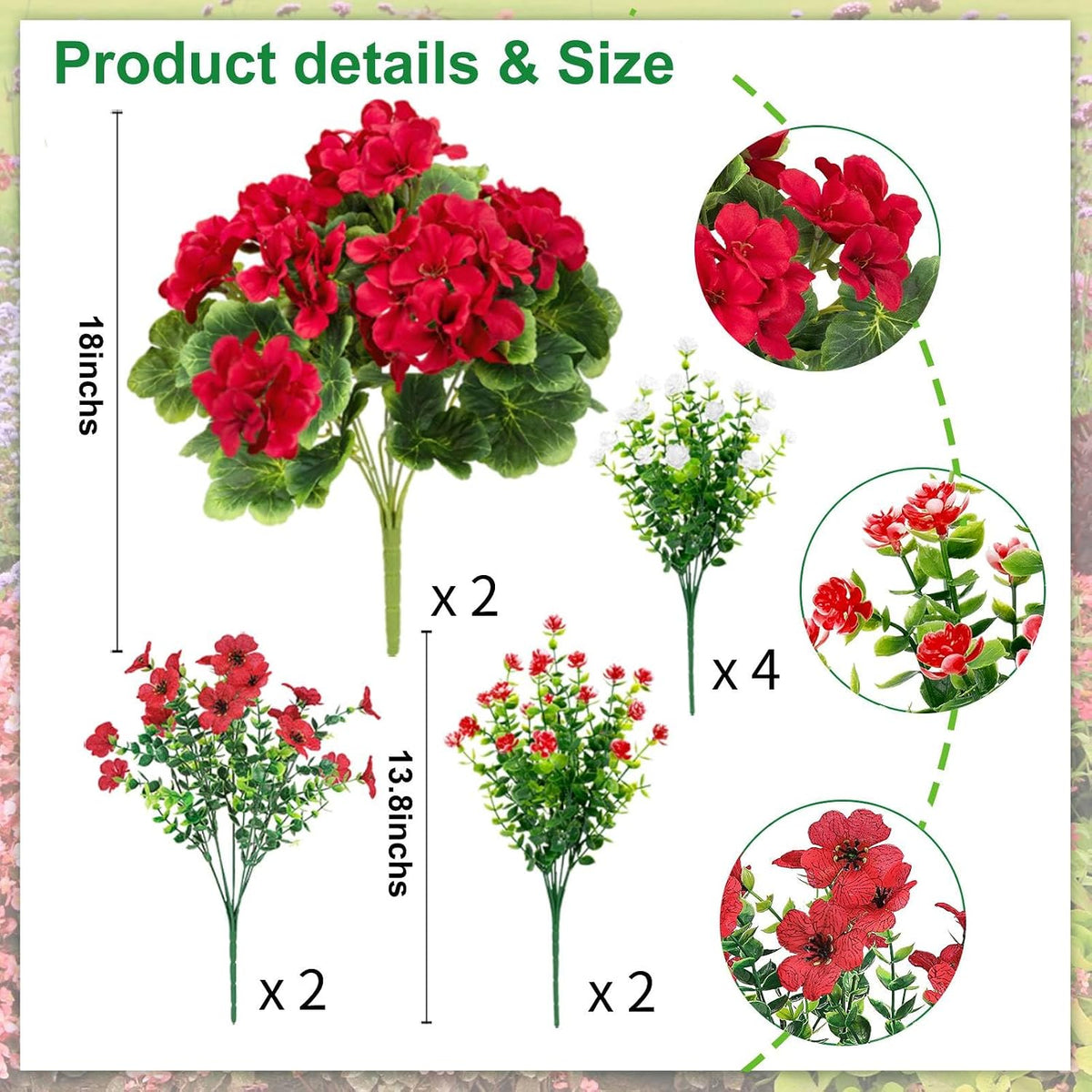18'' Artificial Geraniums Flowers for Outdoors Decor, Red