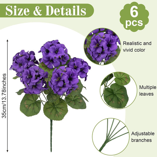 6 Pcs Artificial Flowers for Outdoors, Red Fake Geranium Flowers | Silk faux flowers, realistic plants, UV resistant, spring summer front door yard wndow box indoor home decor