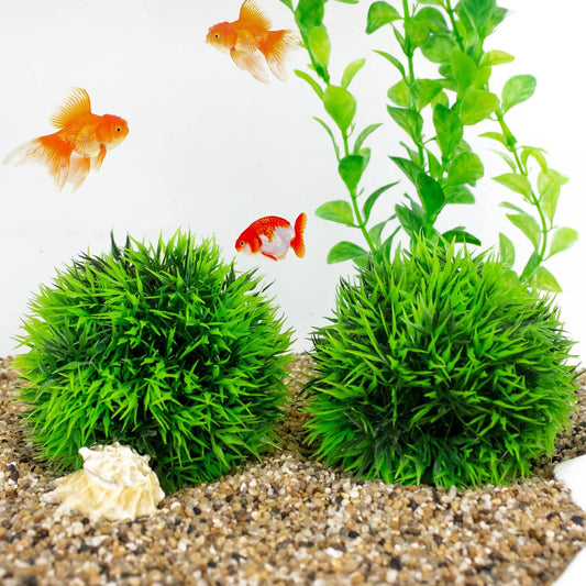 4 Inch Faux Plants for Fish Tanks - Set of 2 Green Artificial Marimo Moss Ball Plants for Freshwater and Saltwater Aquarium Decor