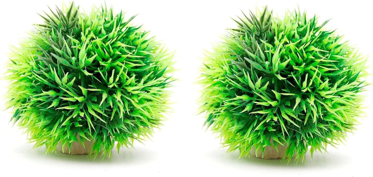 4 Inch Faux Plants for Fish Tanks - Set of 2 Green Artificial Marimo Moss Ball Plants for Freshwater and Saltwater Aquarium Decor