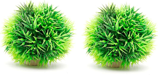 4 Inch Faux Plants for Fish Tanks - Set of 2 Green Artificial Marimo Moss Ball Plants for Freshwater and Saltwater Aquarium Decor