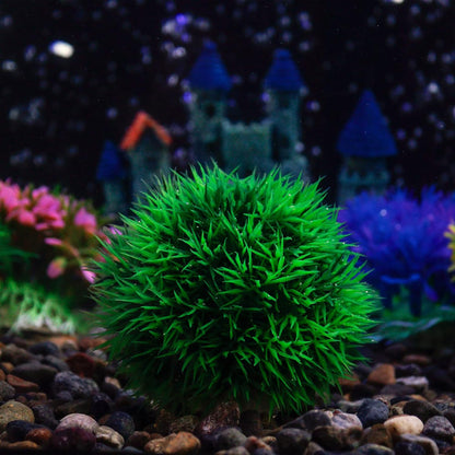 4 Inch Faux Plants for Fish Tanks - Set of 2 Green Artificial Marimo Moss Ball Plants for Freshwater and Saltwater Aquarium Decor