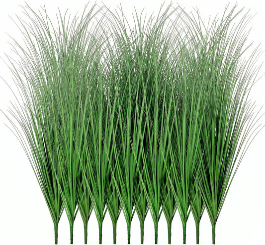 24Pcs Artificial Plants Outdoor, 21" Fake Shrubs Wheat Grass, Greenery Stems Onion Grass, UV Resistant Faux Tall Grass Plants for Garden Porch Window Box Indoor Home Decor (Green&Red)
