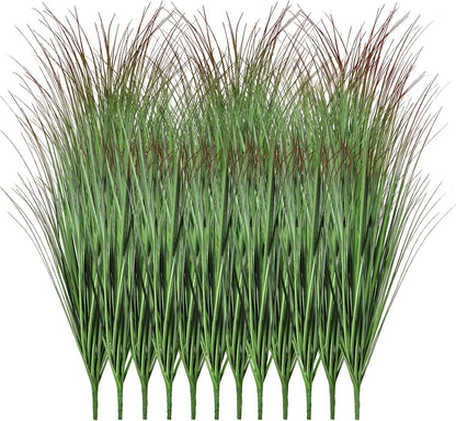 24Pcs Artificial Plants Outdoor, 21" Fake Shrubs Wheat Grass, Greenery Stems Onion Grass, UV Resistant Faux Tall Grass Plants for Garden Porch Window Box Indoor Home Decor (Green&Red)
