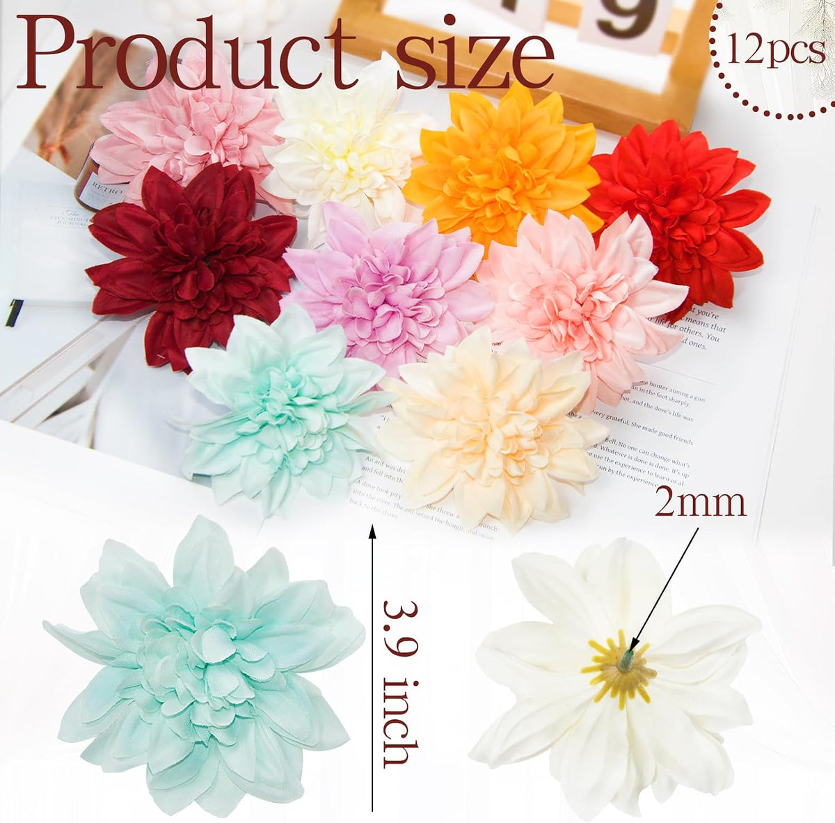 12 Pcs 3.9 inch Fake Dahlia Stemless Flower Heads