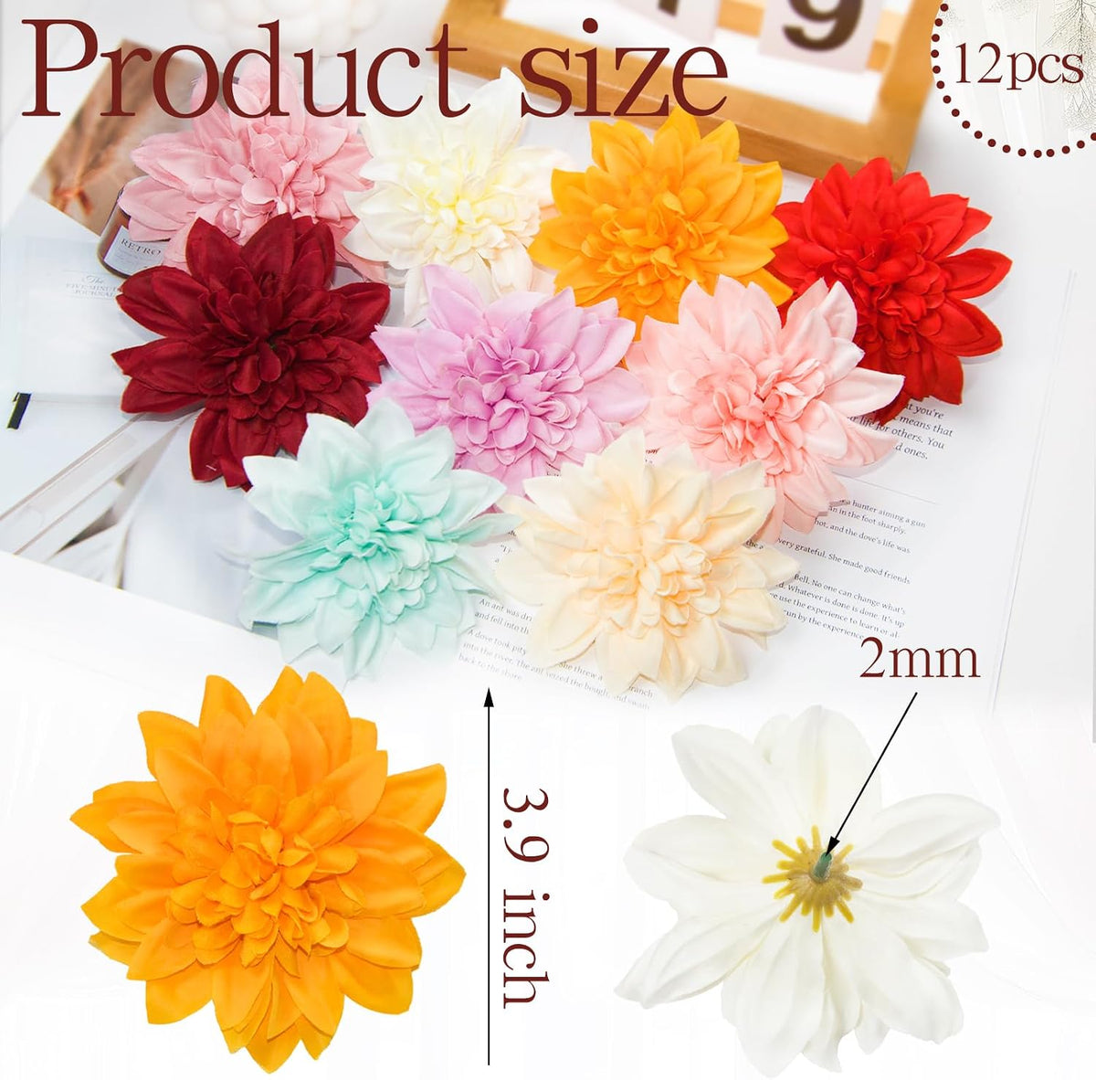 12 Pcs 3.9 inch Fake Dahlia Stemless Flower Heads