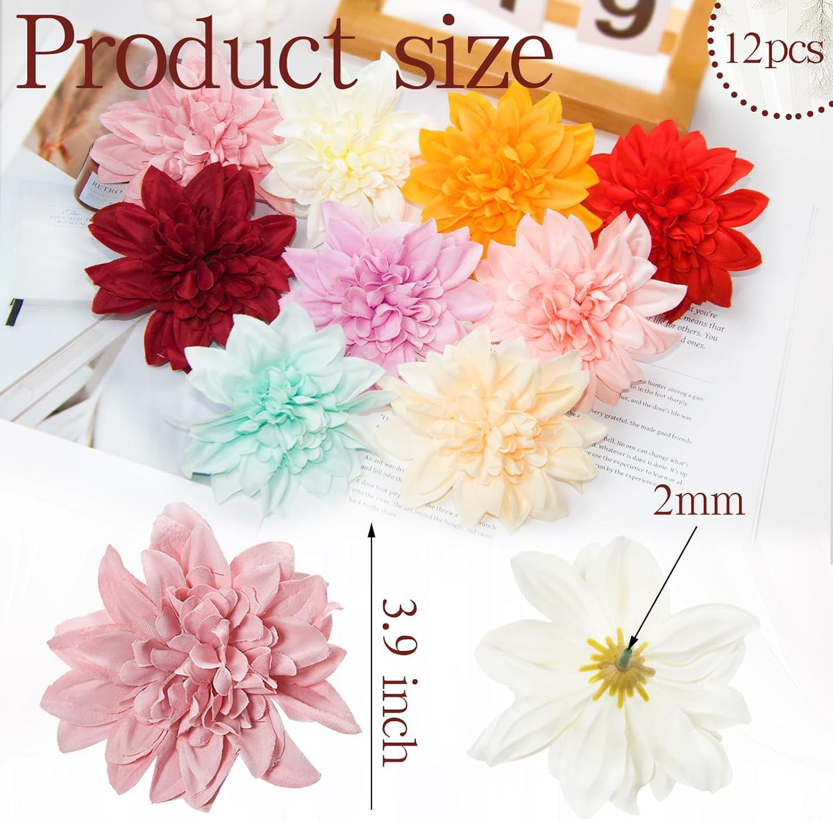 12 Pcs 3.9 inch Fake Dahlia Stemless Flower Heads