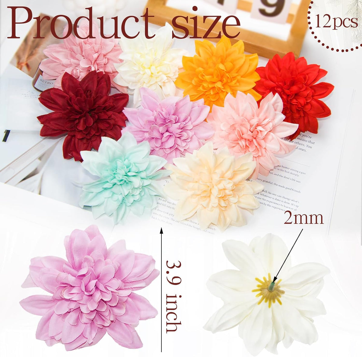 12 Pcs 3.9 inch Fake Dahlia Stemless Flower Heads