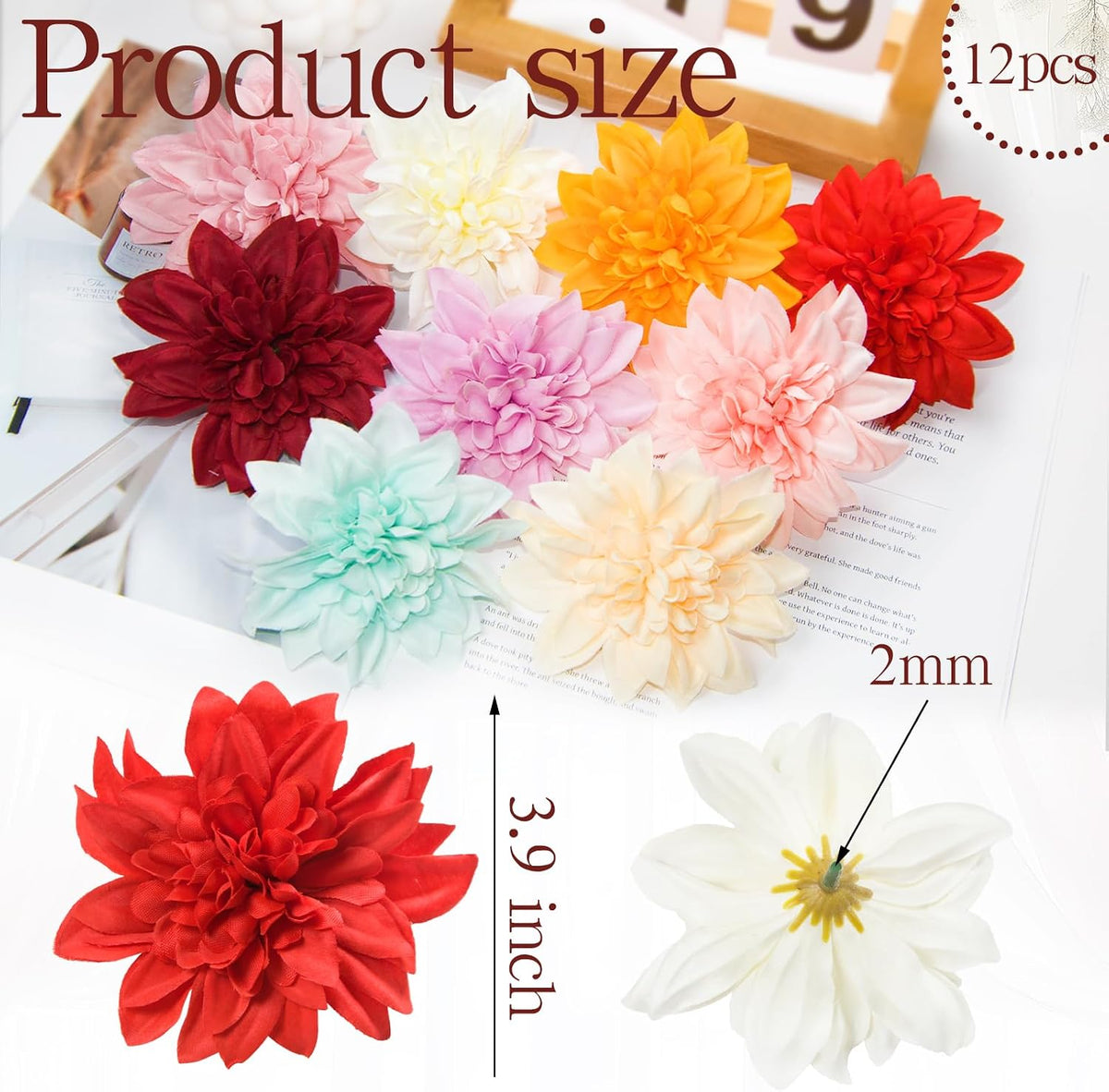 12 Pcs 3.9 inch Fake Dahlia Stemless Flower Heads