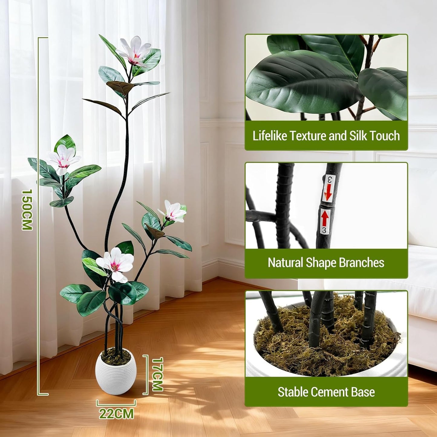 5FT Tall Lifelike Artificial Magnolia Tree with 7 Pcs Magnolia Flowers in White Planter Pot, Rubber Tree Faux Plants Indoor Artificial Plants & Flowers for Home Office Living Room Decor
