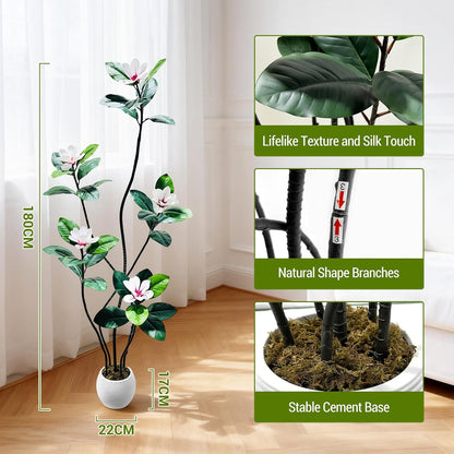 5FT Tall Lifelike Artificial Magnolia Tree with 7 Pcs Magnolia Flowers in White Planter Pot, Rubber Tree Faux Plants Indoor Artificial Plants & Flowers for Home Office Living Room Decor