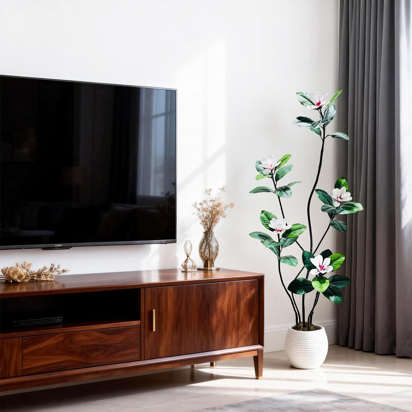 5FT Tall Lifelike Artificial Magnolia Tree with 7 Pcs Magnolia Flowers in White Planter Pot, Rubber Tree Faux Plants Indoor Artificial Plants & Flowers for Home Office Living Room Decor