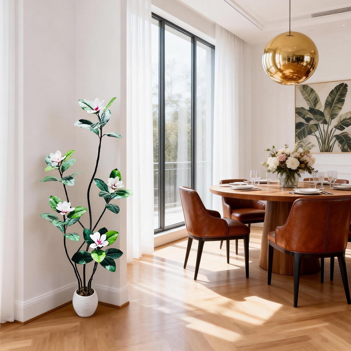 5FT Tall Lifelike Artificial Magnolia Tree with 7 Pcs Magnolia Flowers in White Planter Pot, Rubber Tree Faux Plants Indoor Artificial Plants & Flowers for Home Office Living Room Decor