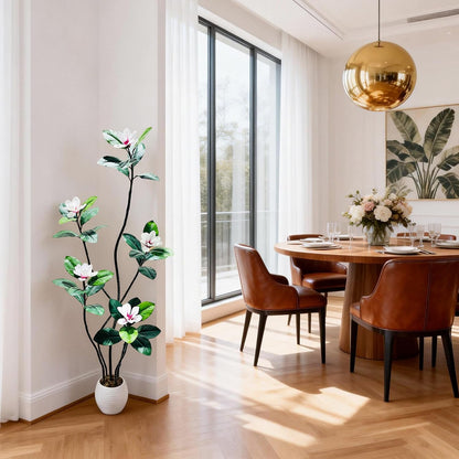 5FT Tall Lifelike Artificial Magnolia Tree with 7 Pcs Magnolia Flowers in White Planter Pot, Rubber Tree Faux Plants Indoor Artificial Plants & Flowers for Home Office Living Room Decor