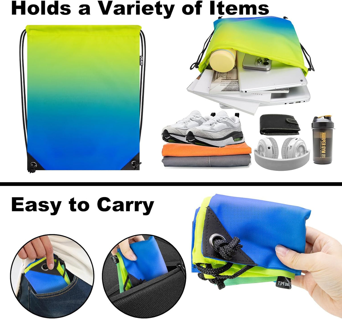 2PCS Drawstring Bags Bulk, String Backpack for Men Women, Cinch Bag Draw String Back Bag for Gym, Sports, Travel (2, Bright Yellow)