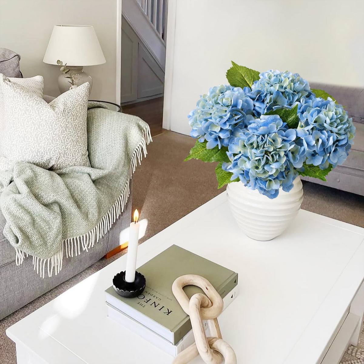 JINWOE Light Blue Flowers Hydrangea Artificial Flowers, 4PCS 21" Latex Real Touch Vintage Lifelike Silk Flowers,Faux Hydrangea Bouquet Fake Flowers for Wedding Centerpieces Tables Party Outdoor Home