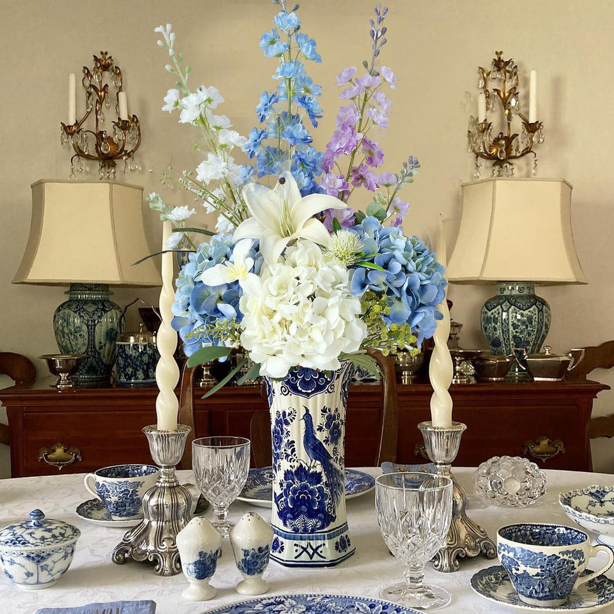 JINWOE Light Blue Flowers Hydrangea Artificial Flowers, 4PCS 21" Latex Real Touch Vintage Lifelike Silk Flowers,Faux Hydrangea Bouquet Fake Flowers for Wedding Centerpieces Tables Party Outdoor Home