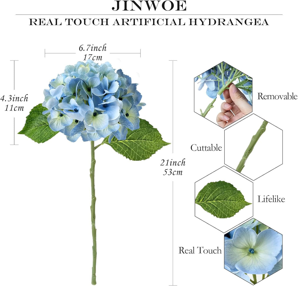 JINWOE Light Blue Flowers Hydrangea Artificial Flowers, 4PCS 21" Latex Real Touch Vintage Lifelike Silk Flowers,Faux Hydrangea Bouquet Fake Flowers for Wedding Centerpieces Tables Party Outdoor Home