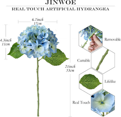 JINWOE Light Blue Flowers Hydrangea Artificial Flowers, 4PCS 21" Latex Real Touch Vintage Lifelike Silk Flowers,Faux Hydrangea Bouquet Fake Flowers for Wedding Centerpieces Tables Party Outdoor Home