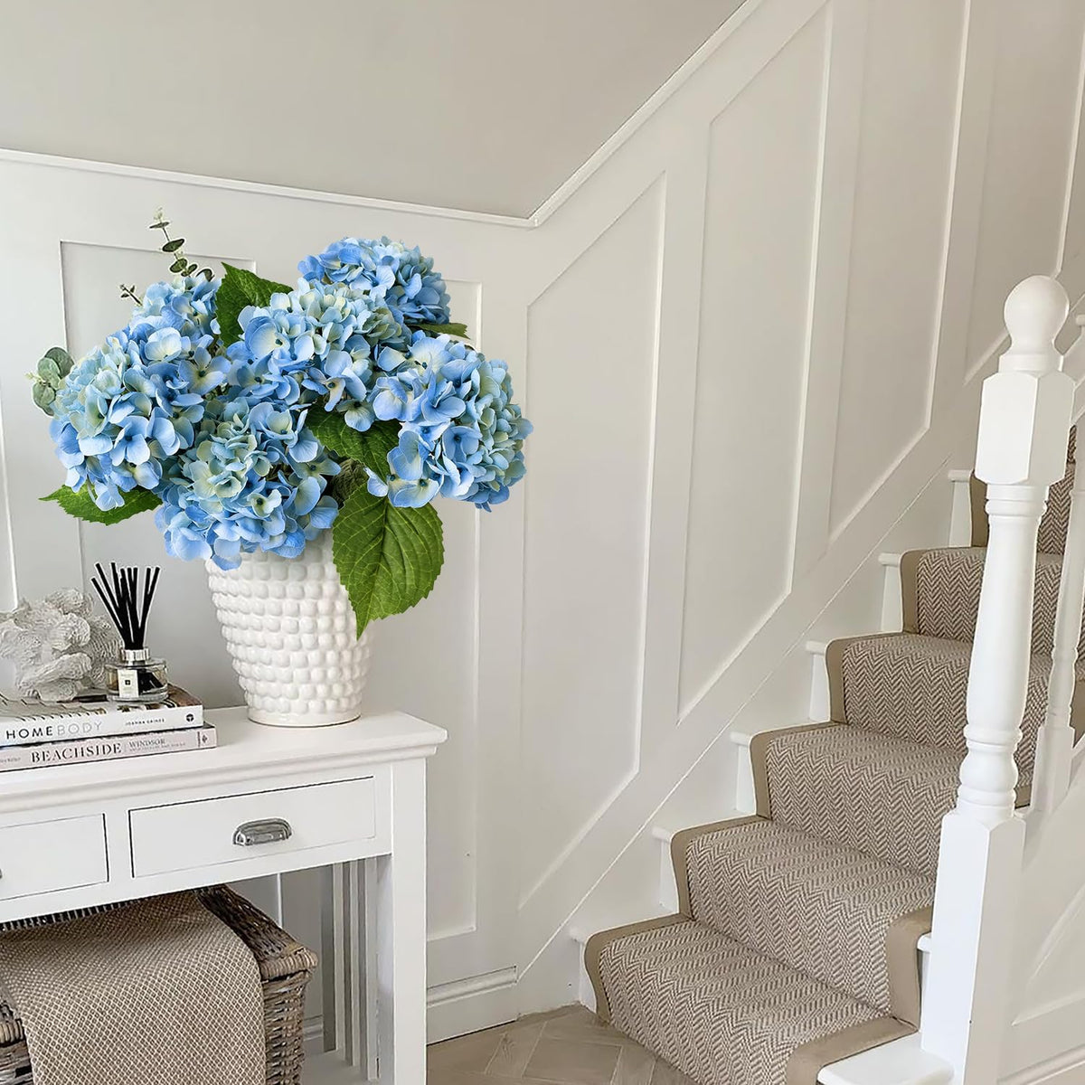 JINWOE Light Blue Flowers Hydrangea Artificial Flowers, 4PCS 21" Latex Real Touch Vintage Lifelike Silk Flowers,Faux Hydrangea Bouquet Fake Flowers for Wedding Centerpieces Tables Party Outdoor Home