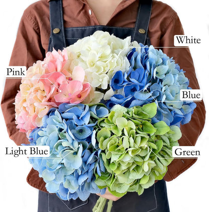 JINWOE Light Blue Flowers Hydrangea Artificial Flowers, 4PCS 21" Latex Real Touch Vintage Lifelike Silk Flowers,Faux Hydrangea Bouquet Fake Flowers for Wedding Centerpieces Tables Party Outdoor Home