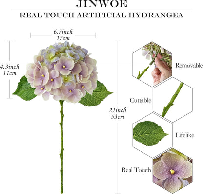 JINWOE Light Blue Flowers Hydrangea Artificial Flowers, 4PCS 21" Latex Real Touch Vintage Lifelike Silk Flowers,Faux Hydrangea Bouquet Fake Flowers for Wedding Centerpieces Tables Party Outdoor Home